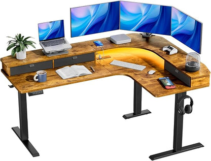 HUANUO 65″ L-Shaped Standing Desk with 3 Drawers, Vintage Brown | Built-in Power Outlets, LED Strip, Smooth Electric Height Adjustment, 4 Memory Presets, 220 lbs Capacity, Power Strip Holder