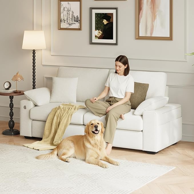 MALOL 76" Loveseat Couch, 3 Seater Upholstered Midcentury Mondern Love Seat with USB Type C Ports, 4 Pillows and Storage Armrest Cloud Foam Sofa for Living Room/Small Spaces, Beige | Breathable material