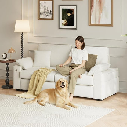 MALOL 76" Loveseat Couch, 3 Seater Upholstered Midcentury Mondern Love Seat with USB Type C Ports, 4 Pillows and Storage Armrest Cloud Foam Sofa for Living Room/Small Spaces, Beige | Breathable material