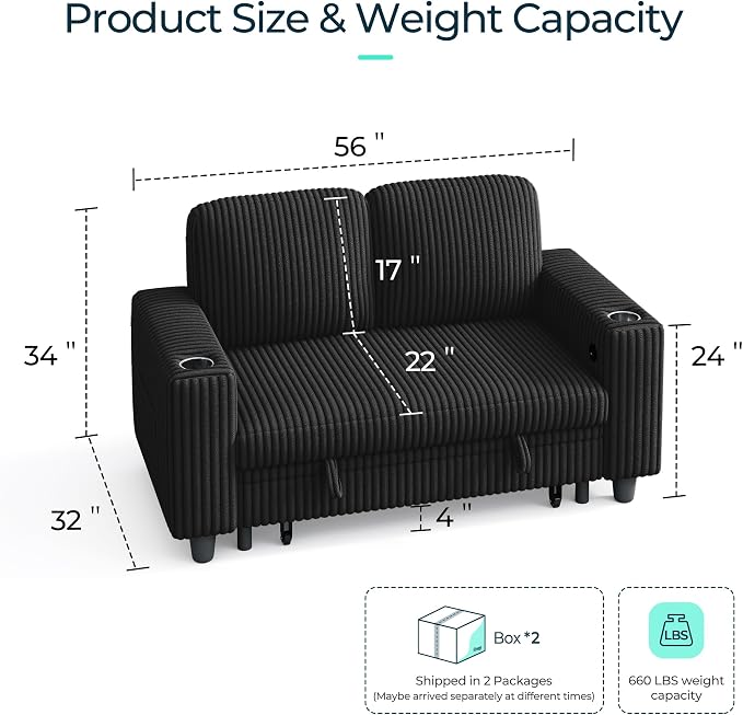 LINSY HOME Loveseat Sofa with Storage - Comfy Plush Corduroy 2 Seater Sofa with USB Charging & Cup Holders, Deep Seat Love Seat for Small Spaces Living Room Bedroom Apartment, Black