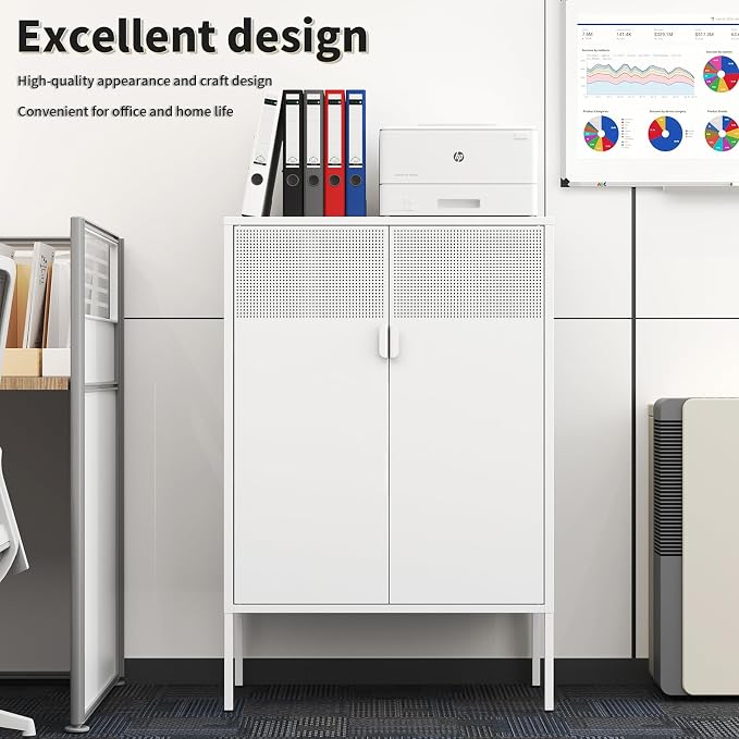 White Metal Storage Cabinet with 2 Doors - 47''H Locker Cabinet, 3 Tier Locker Door with Adjustable Shelves,Metal Sideboard for Home, Living Room,Office Kitchen and Bathroom