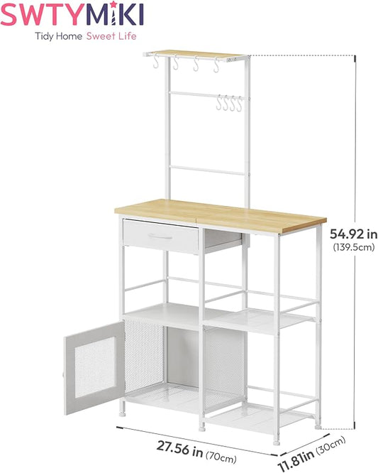 SWTYMIKI Coffee Bar with Hanging Rack - Farmhouse Coffee Stand Station Multi-Purpose Buffet Sideboard Cabinet with Drawers - Kitchen Bar Table for Living Room, Corner, Small Space, Natural
