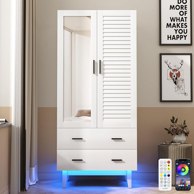 Hlivelood 2 Door Armoire Wardrobe Closet Cabinet with Mirror, Drawers and LED Lights, Multi-Tier Shelves, Hanging Rod & 2 Louver Doors, Large Capacity Storage Wardrobe Armoire for Bedroom, White