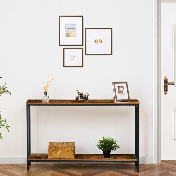 HOOBRO Console Table, 47.2" Narrow Entryway Table, Sofa Table with Shelf, Entrance Table for Living Room, Hallway, Foyer, Corridor, Office, Metal Frame, Rustic Brown and Black BF20XG01G1