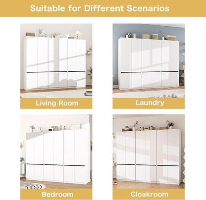 White Armoire Wardrobe Closet: 74" Wooden Wardrobe Closet with 6 Doors, Bedroom Armoires with Hanging Rod, Tall Closets Cabinet for Hanging Clothes (94.5")