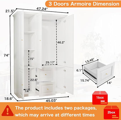 Armoire Wardrobe Closet with Drawers: Large White Wardrobe Closet with 3 Doors and 2 Drawers, Wooden Bedroom Armoires Storage Cabinet with Hanging Rod and Shelves (47")