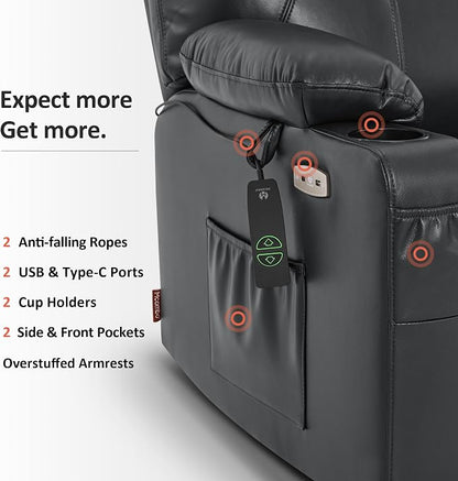 MCombo Extra Wide Power Lift Recliner Chair for Elderly, Lift Chair with Heat and Massage for Big People, USB&Type C Ports, Cup Holders, Faux Leather R7045 (Black, Medium-Wide)