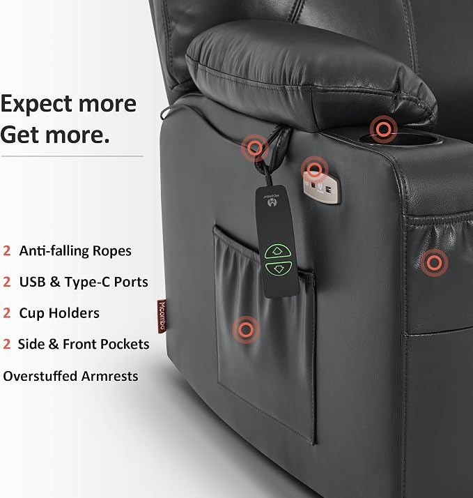 MCombo Oversized Power Lift Recliner Chair for Elderly, Lift Chair with Heat and Massage for Big and Tall, USB&Type C Ports, Cup Holders, Faux Leather R7510 (Black, Large-Wide)