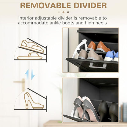HOMCOM Narrow Shoe Cabinet with 2 Flip Drawers, Modern Freestanding Shoe Storage Cabinet with Adjustable Shelves for Entryway, Hallway, Black
