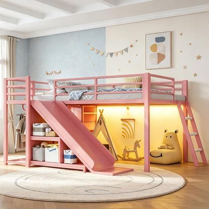 Bellemave Twin Loft Bed with Slide & Ladder, Metal Kids Loft Bed with Storage Drawers & LED Lights, Low Loft Bed Twin Size with Wood Wardrobe & Bookcase, Loft Bed for Kids Teens, Pink