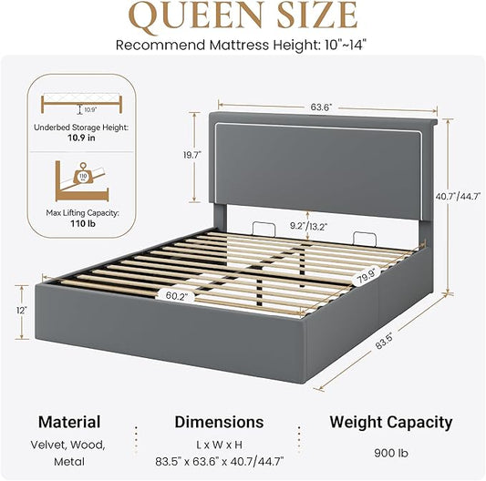 SHA CERLIN Queen Size Hydraulic Lift-Up Storage Platform Bed Frame with Charging Station, RGB LED Lights, Adjustable Velvet Headboard, USB-A and USB-C Ports, No Box Spring Needed, Grey