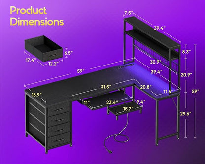 AODK 59 Inch L Shaped Desk with 4 Drawers, Gaming Desk with Led Lights & Power Outlets, Computer Desk with Pegboard & Keyboard Tray, Reverisble Home Office Desk with Storage Shelves & CPU Stand, Black