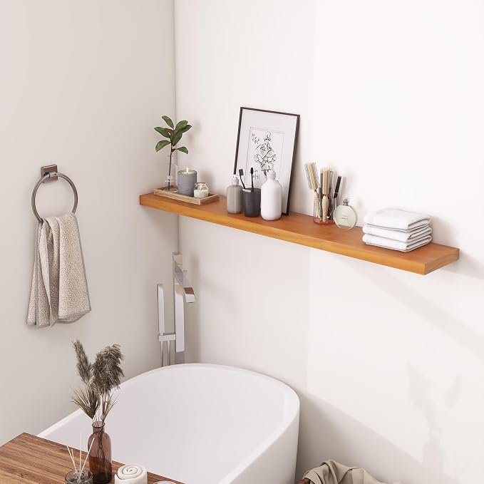 Vivelove Solid Wood Floating Shelves 48 Inches Long, 8”Deep x 1.4” Thick Wall Shelves for Bathroom, Living Room, Kitchen, Bedroom, Office, Rustic Farmhouse Home Decor, Set of 1 - Honey Oak