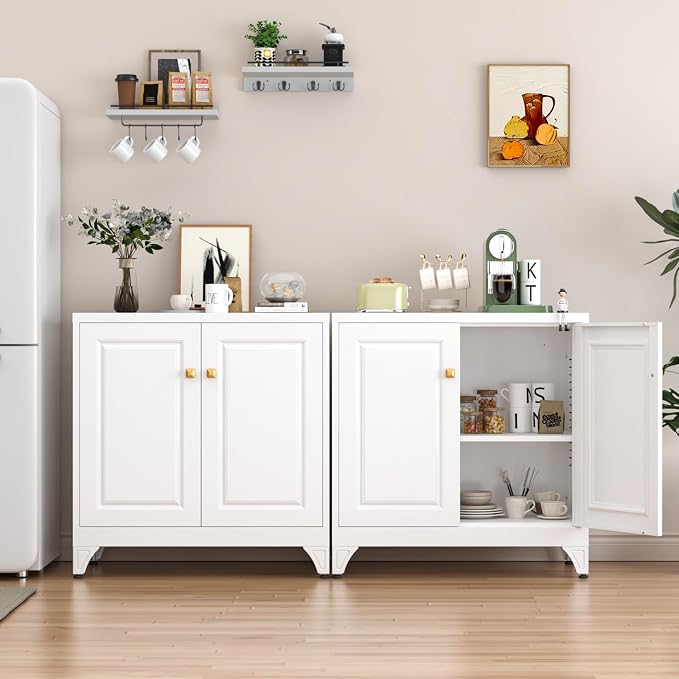 SteeLoong 33" Metal Kitchen Pantry Storage Cabinets with Door and Adjustable Shelves,White Sideboard Buffet Cabinet with Storage,Sideboard Buffet Cabinet for Dining Roonm,Living Room