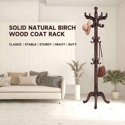 Wooden Coat Rack Stand, Natural Birch Wood Coat Rack Freestanding with Triangular Base, Sturdy Solid Wood Coat Racks with 14 Hooks, Vintage Coat Hall Clothes Tree for Entryway, Office, Corner