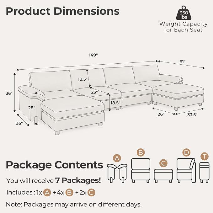 SITJOY Large Cloud Couch, 149" Wide 4 Seater U Shape, Faux Leather in White | Pet-Friendly Scratch-Resistant Leather Sectional Sofas for Living Room, Deep Seat Wide Couch with Chaise, Storage Ottoman