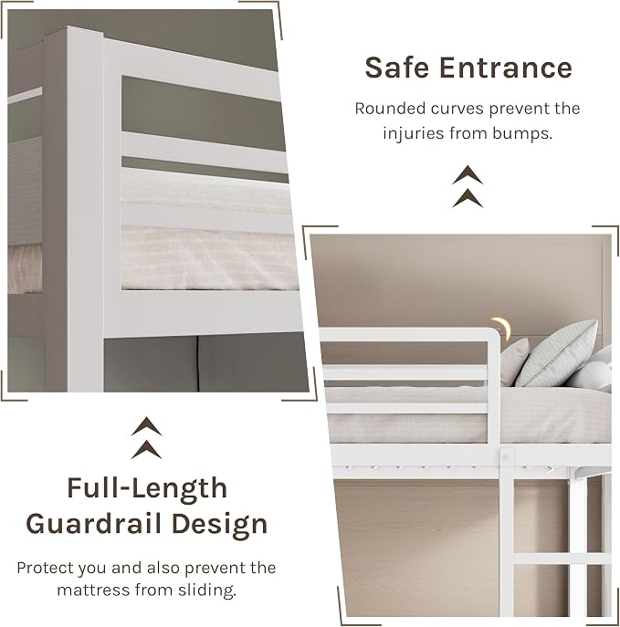 Bunk Bed Full Over Full, Heavy Duty Metal Bunkbeds with Full-Length Guardrail, Space-Saving Steel Bed for Kids & Adults, No Box Spring Required, White