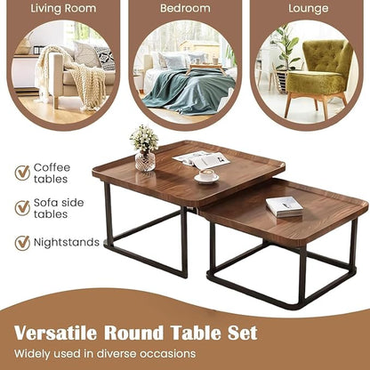 Nesting Coffee Table Set of 2, 23.6"+19.7" Nesting Tables,Small Square Coffee Table with Fluted,Center Table for Living Room Bedroom Office Balcony Yard (Walnut)
