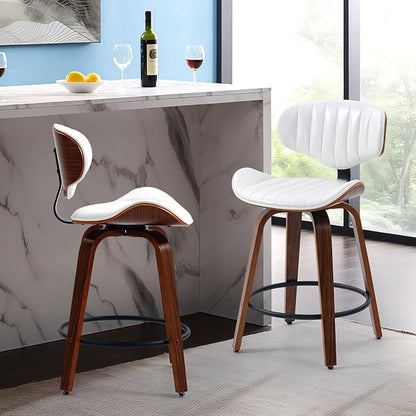 Counter Height Bar Stools, 24 inch PU Leather Wooden Bentwood Barstools Swivel Modern Breakfast Bar Chairs with Backrest and Footrest for Kitchen Island, Dining Room, Bar D035-White-1
