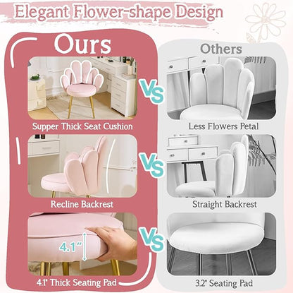 VINGLI Petal Makeup Vanity Chair with Back,Flower Cute Girls Desk Chair Comfy No Wheels,Modern Dining Chair,Small Accent Chair with Adustable Gold Legs&Bow Pillow for Home Office,Bedroom,Velvet,Pink