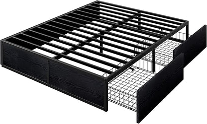 Allewie Full Size Metal Bed Frame with 2 Storage Drawers, Heavy-Duty Steel Frame with MDF Wood Panels, Flexible Drawer Placement, Easy Assembly, Noise-Free Support, Black