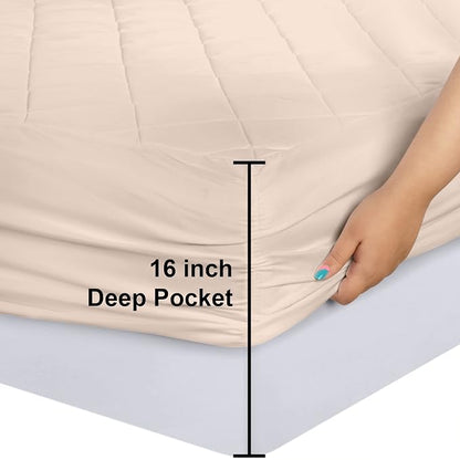 Quilted Fitted Mattress Pad, King Mattress Protector Topper with Deep Pocket Stretches up to 16 Inches, Machine Washable Mattress Cover by Utopia Bedding (Beige)