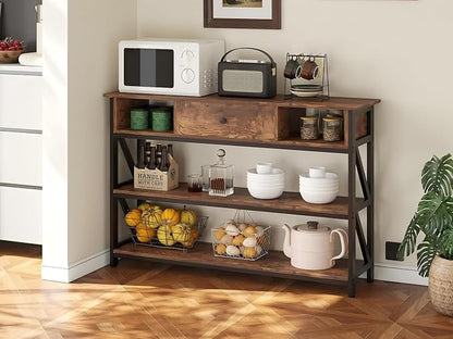 Mexin Console Table with Drawer Shelves, Entryway Table with 3 Tier Storage Shelves, Industrial Wood Hallway Sofa Table for Living Room, Couch, Foyer, Kitchen Counter, 47 Inch Rustic Brown