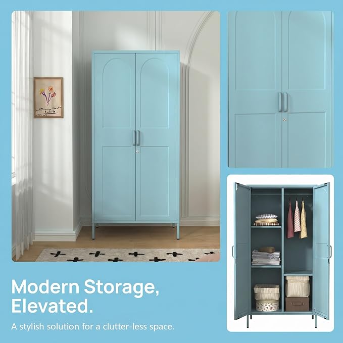 67" Industrial Lockable Metal 2-Door Wardrobe Storage Cabinet with Hanging Rod & Adjustable Shelves, Heavy Duty Multipurpose for Bedroom, Garage, Home Office, Blue 67" H X 31.5" W X 18.1" D