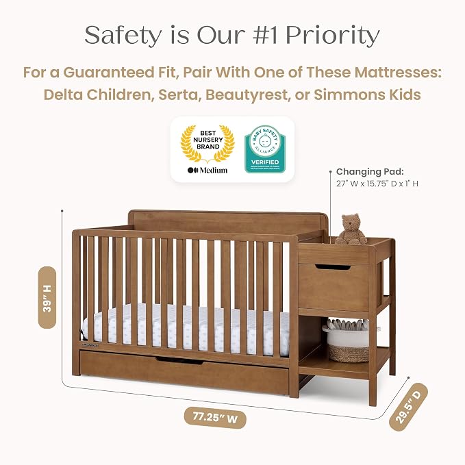 Delta Children Maya 5-in-1 Convertible Crib and Changer with Storage, Converts to Toddler Bed, Daybed, Sofa & Full Bed, Greenguard Gold Certified, 3 Mattress Heights for Baby, Chestnut