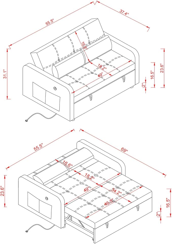 55.5" Velvet Convertible Sofa Bed, Pull Out Sleeper Sofa Bed, Loveseat Couch with USB Charging Ports, 3 in 1 Convertible Sleeper Sofa Bed for Living Room, Apartment, Bedroom, RV, Khaki