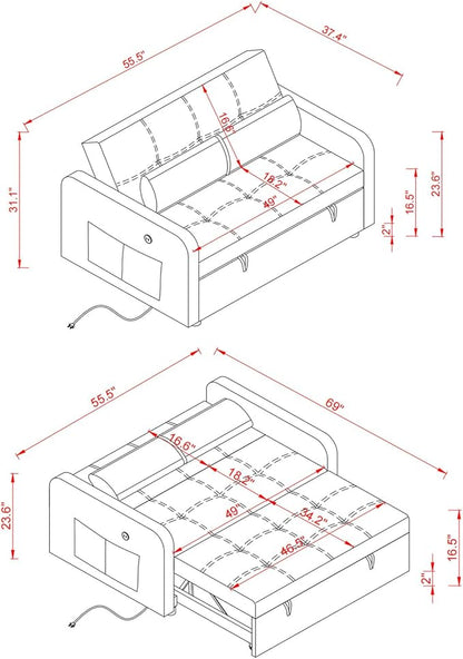 55.5" Velvet Convertible Sofa Bed, Pull Out Sleeper Sofa Bed, Loveseat Couch with USB Charging Ports, 3 in 1 Convertible Sleeper Sofa Bed for Living Room, Apartment, Bedroom, RV, Khaki