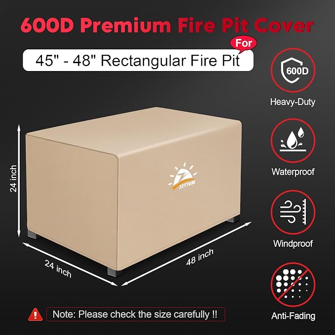 Zettum Fire Pit Cover Rectangular 48 Inch - Outdoor Fire Table Cover Rectangle Heavy Duty & Waterproof, 600D Patio Propane Gas Firepit Cover Rectangular Fade Resistant - 48 x 24 x 24 Inch