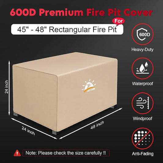 Zettum Fire Pit Cover Rectangular 48 Inch - Outdoor Fire Table Cover Rectangle Heavy Duty & Waterproof, 600D Patio Propane Gas Firepit Cover Rectangular Fade Resistant - 48 x 28 x 24 Inch