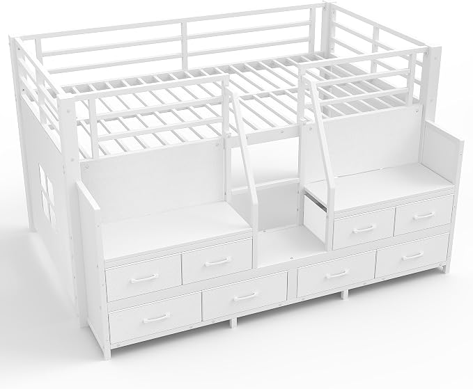 Bellemave Twin Size Loft Bed with 8 Non-Woven Fabric Storage Drawers and Bookshelf, Low Loft Bed with Lights and Private Play Curtain, Twin Loft Beds with High Rails, Noise Reduced White