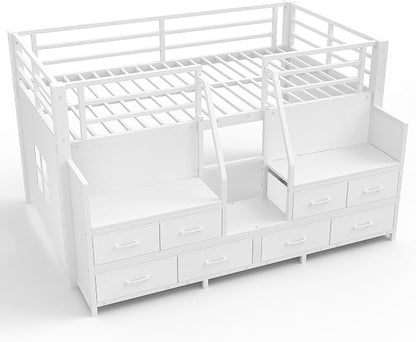 Bellemave Twin Size Loft Bed with 8 Non-Woven Fabric Storage Drawers and Bookshelf, Low Loft Bed with Lights and Private Play Curtain, Twin Loft Beds with High Rails, Noise Reduced White