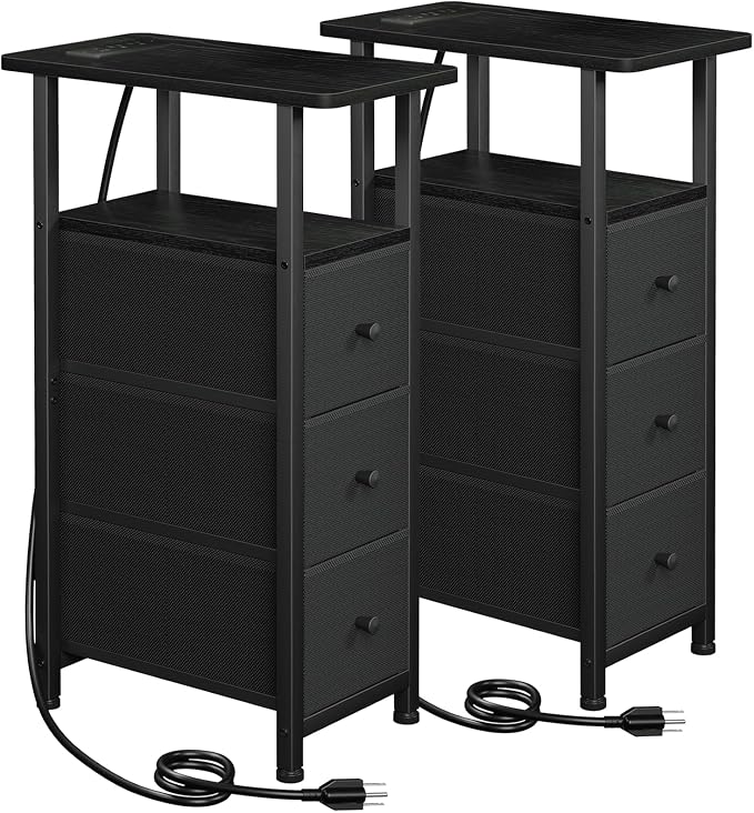 LOAKEKEL Narrow End Tables Living Room Set of 2 with Charging Station, Skinny Side Table with Fabric Drawers, Slim Nightstand for Bedroom, Small Spaces, Couch, Black, HETNDP03BK