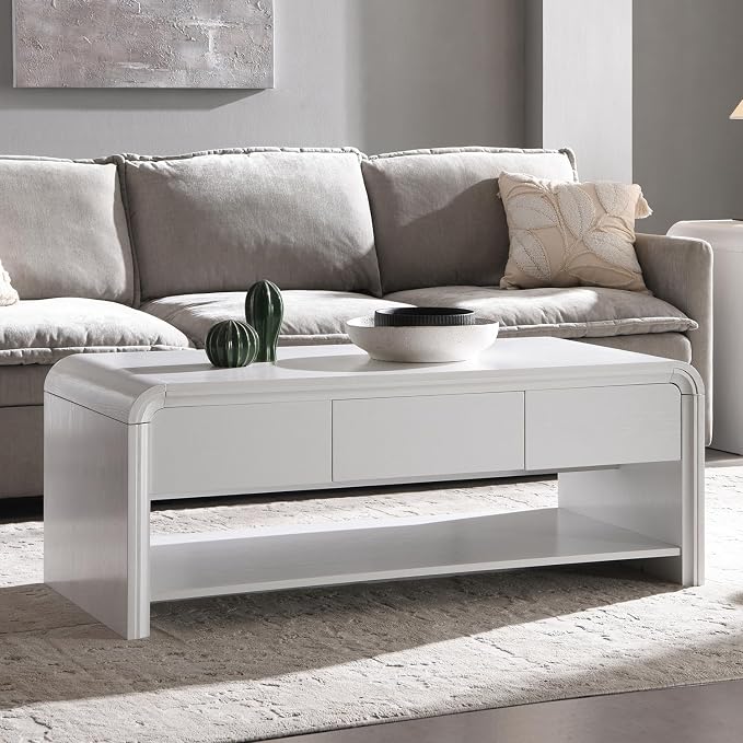 Aitjunz 47" Lift Top Coffee Table with Storage, Modern Coffee Table with Pull-Out Drawer and Two-Tier Storage, Rectangle Wood Center Table w/Curved Profile Design for Living Room, White