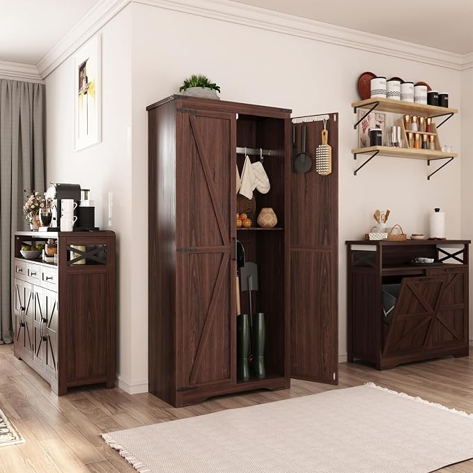Befrases Farmhouse Storage Cabinet with Adjustable Shelves, Large Pantry Organize with 2 Barn Doors, Tall Freestanding Cabinet for Kitchen, Bathroom, Garage, Basement, Living, Utility Room, Brown