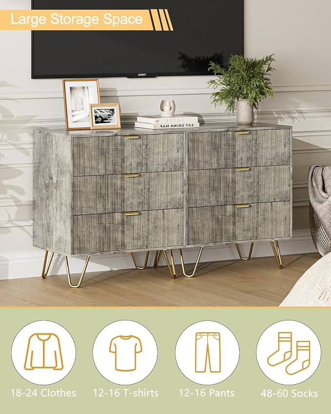 Grey Dresser for Bedroom, Modern Fluted 3 Drawer Dresser with Storage, Dresser Chest of Drawers with Gold Handles for Bedroom, Living Room, Closet, Hallway, 15.8" D x 23.6" W x 27.6" H