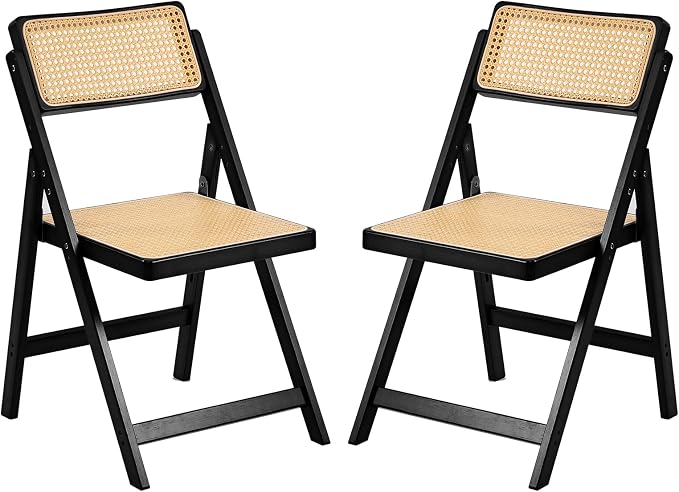 Tiita Rattan Dining Chairs Set of 2, Mid Century Modern Folding Chair, Bamboo Folding Dining Chairs for Small Space, Dining Room, Living Room, Bedroom, Black