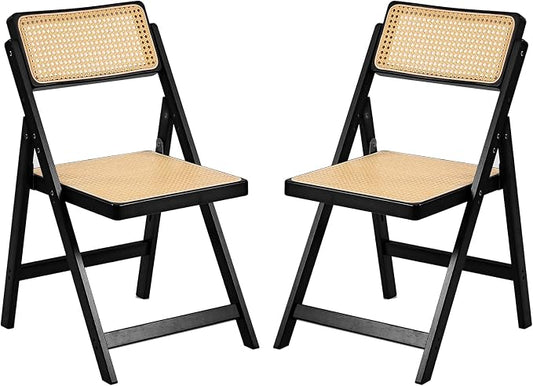 Tiita Rattan Dining Chairs Set of 2, Mid Century Modern Folding Chair, Bamboo Folding Dining Chairs for Small Space, Dining Room, Living Room, Bedroom, Black