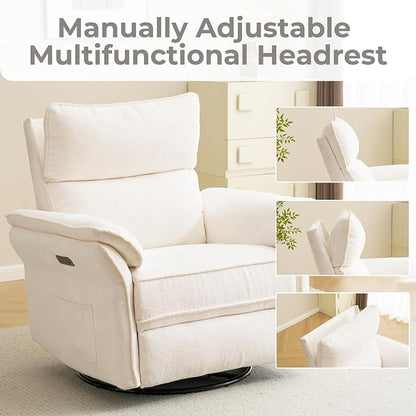 Oversized Power Recliner Chair Swivel Glider with Massage and Heat, Rocker Nursery Recliner for Adults with Adjustable Headrest, 26" Extra Wide Nursery Chair with Overstuffed Armrest,White