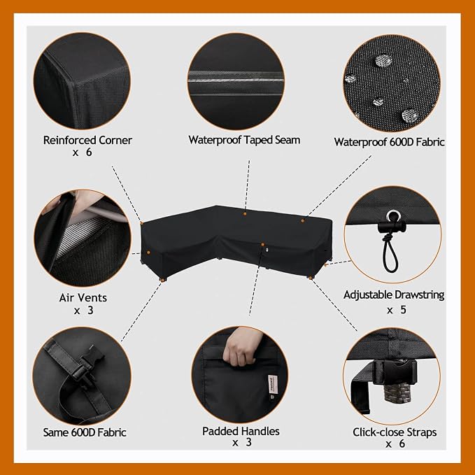Heavy Duty Outdoor Sectional Sofa Cover, Waterproof 600D Patio Sectional Couch Covers, Lawn Patio Furniture Cover (Midnight Black, 100"x130"(L-Shaped-Left Facing))