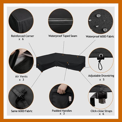 Heavy Duty Outdoor Sectional Sofa Cover, Waterproof 600D Patio Sectional Couch Covers, Lawn Patio Furniture Cover (Midnight Black, 100"x130"(L-Shaped-Left Facing))