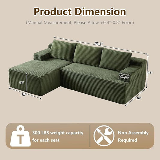 96.1" Modular Sectional Sofa Couches L-Shape Couch 3 Seat Modular Sofa Corduroy Memory Foam Sectional Boneless Couches for Living Room, Cloud Couch with Oversized Chaise(Green, Left Facing)