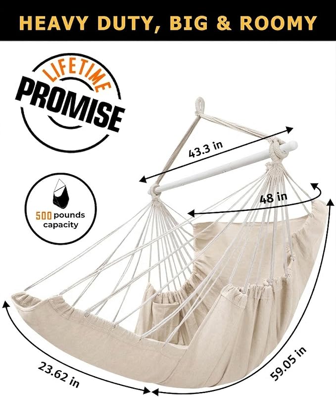 ADVOKAIR Hanging Hammock Chair Large Swing Chair with Foot Rest and Hardware,Max 500lbs,Steel Spread Bar with Anti Slips, 2 Cushions and Side Pocket,Indoor/Outdoor Use…