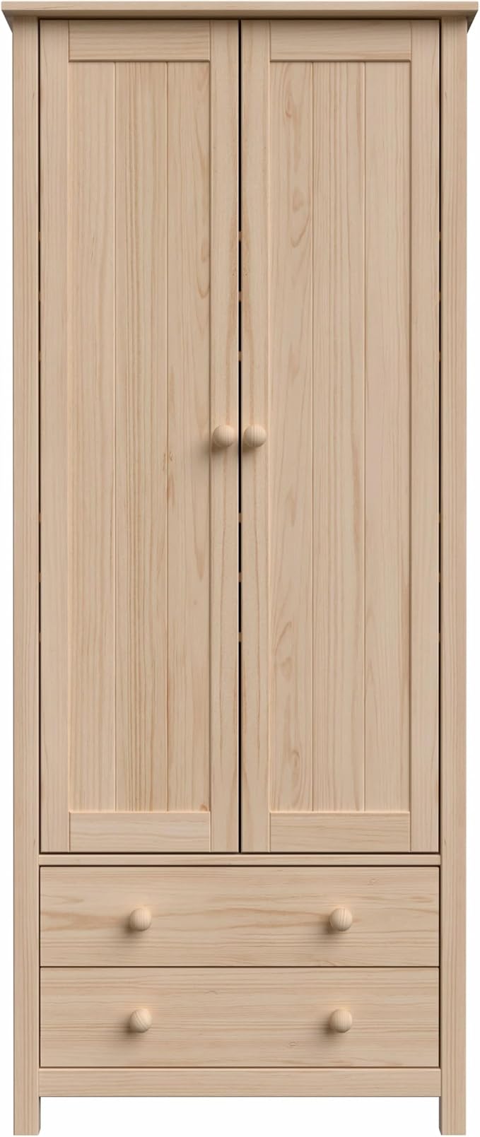 From the Tree Furniture Wardrobe – 2-Door Armoire with 2 Drawers, Unfinished Pine, 29.52″ W × 20.86″ D × 70.86″ H – Bedroom Closet with Hanging Rail & Metal Runners