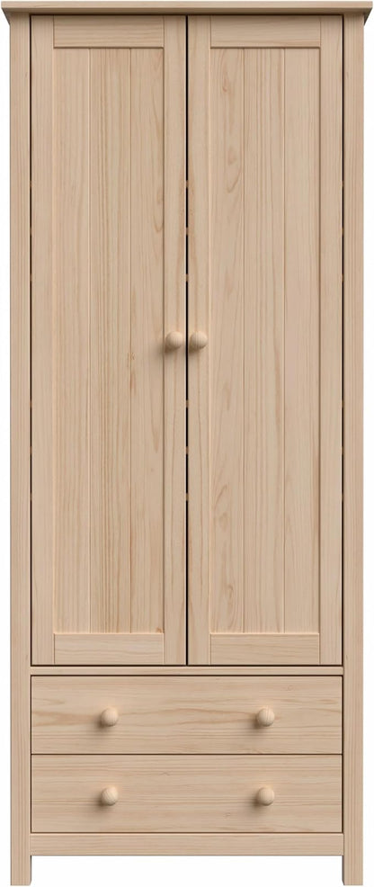 From the Tree Furniture Wardrobe – 2-Door Armoire with 2 Drawers, Unfinished Pine, 29.52″ W × 20.86″ D × 70.86″ H – Bedroom Closet with Hanging Rail & Metal Runners