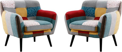 Bonzy Home Modern Accent Chair Set of 2 for Living Room, Colorful Boho Linen Fabric Upholstered Armchair with Wood Legs, 2 Single Chairs