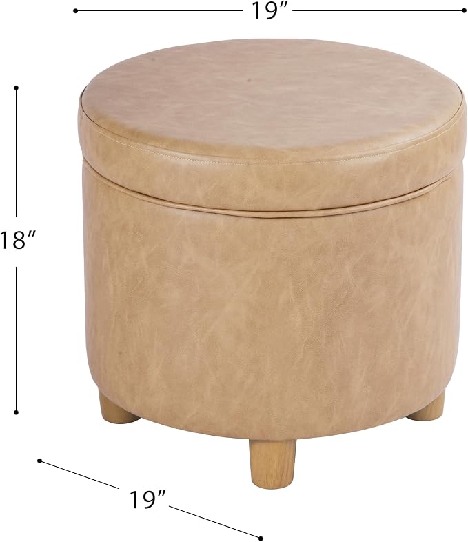 HomePop 19" Round Storage Ottoman - Sand Faux Leather